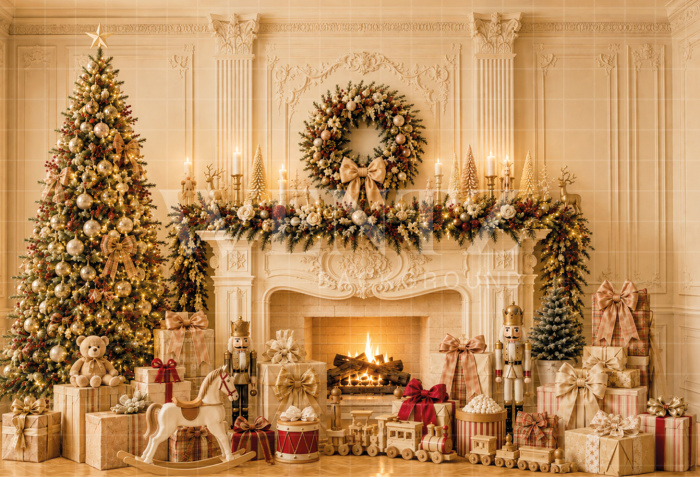 Fabric Photography Background Christmas Fireplace / Backdrop 8859