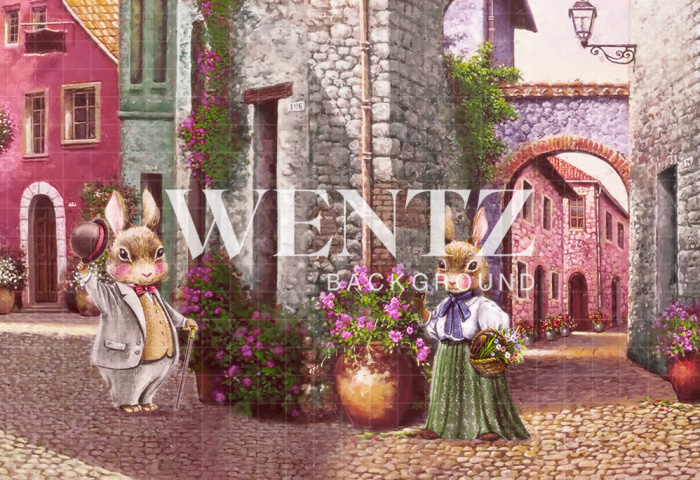 Fabric Photography Background Village with Bunnies / Backdrop CW107