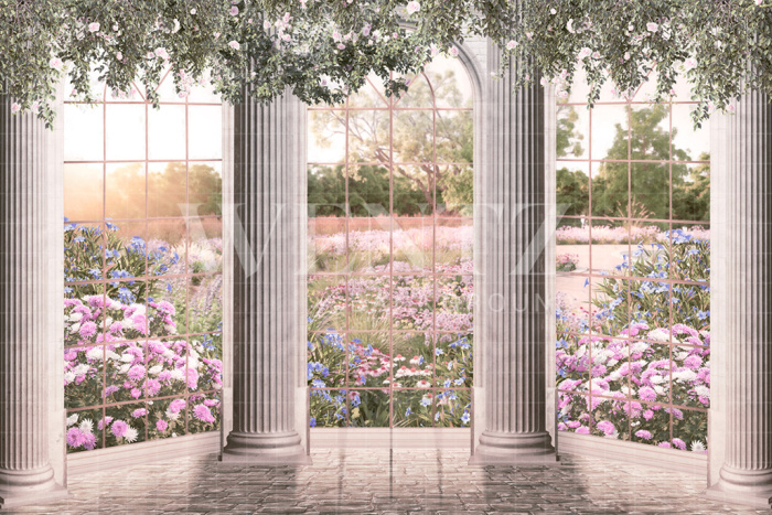 Fabric Photography Background Windows Overlooking the Flower Garden / Backdrop CW170