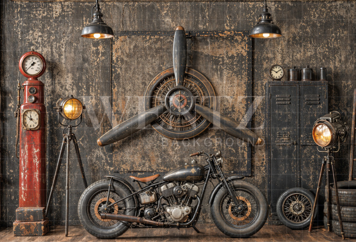 Fabric Photography Background Father's Day Motorcycle Repair Shop / Backdrop 8364