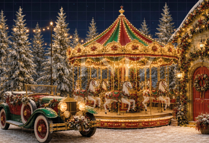 Fabric Photography Background Christmas Carousel / Backdrop 8843