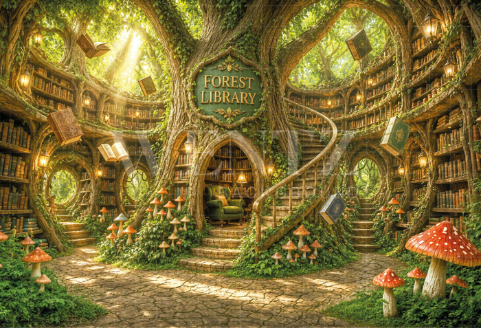 Fabric Photographic Background Enchanted Library Children's Day / Backdrop 8621