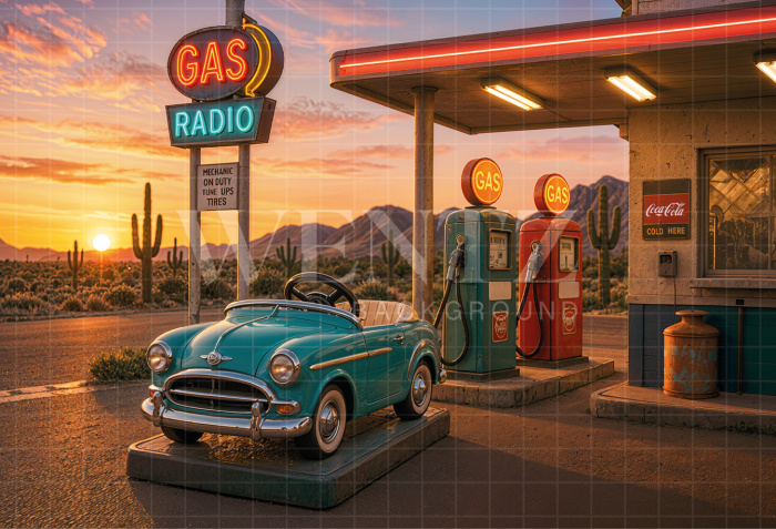 Fabric Photography Background Retro Gas Station Children's Day / Backdrop 8597