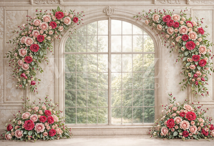 Fabric Photography Background Mother's Day Window with Flowers / Backdrop 8143