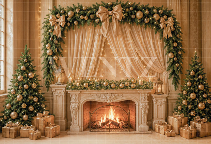 Fabric Photography Background Christmas Fireplace / Backdrop 8518