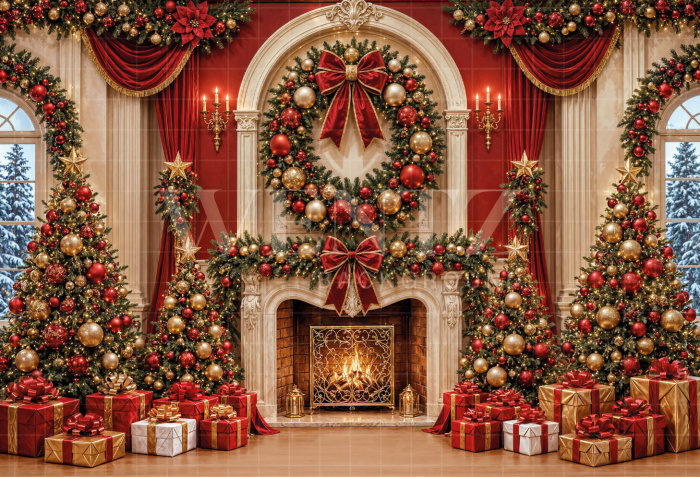 Fabric Photography Background Christmas Fireplace / Backdrop 8534