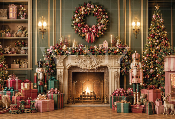 Fabric Photography Background Christmas Fireplace / Backdrop 8889