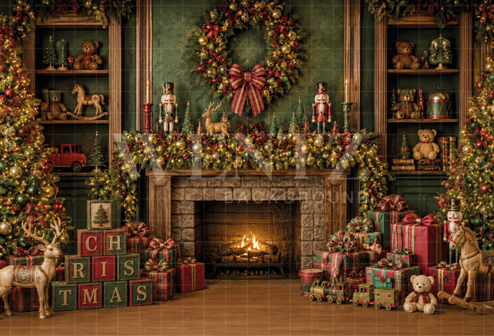 Fabric Photography Background Christmas Fireplace / Backdrop 8890