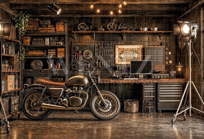 Fabric Photography Background Father's Day Motorcycle Repair Shop / Backdrop 8372