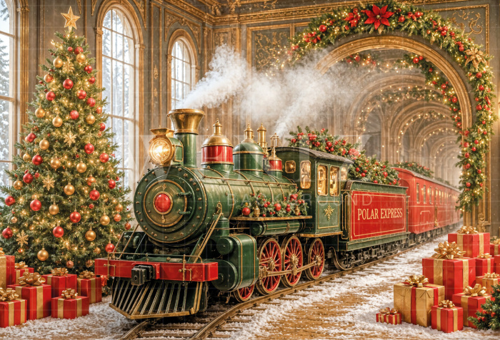 Fabric Photography Background Christmas Train / Backdrop 8537