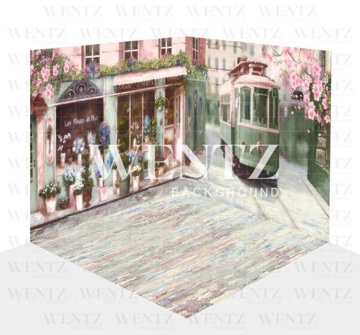 Photography Background in Fabric Cherry Blossom Streetcar in Paris Scenario 3D / WTZ119
