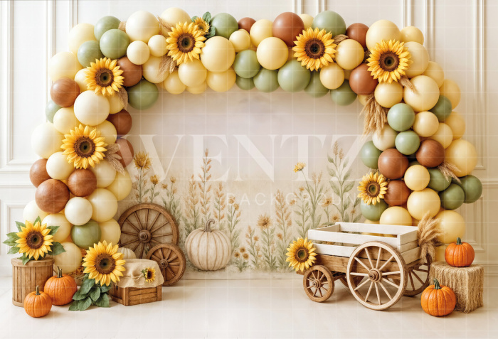 Fabric Photography Background Balloon Arch with Sunflowers / Backdrop 7088