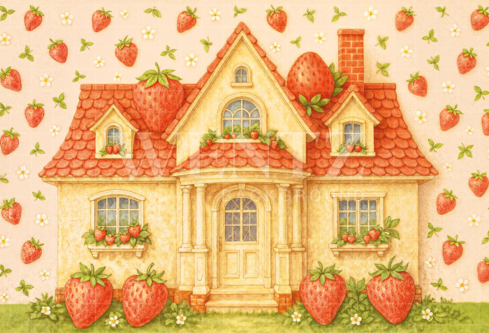 Fabric Photography Background House with Strawberries / Backdrop 7146