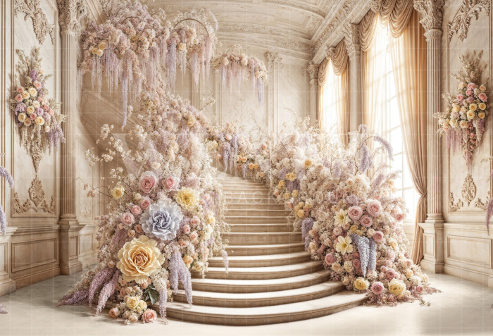 Fabric Photography Background Mother's Day Flowery Staircase / Backdrop 6858