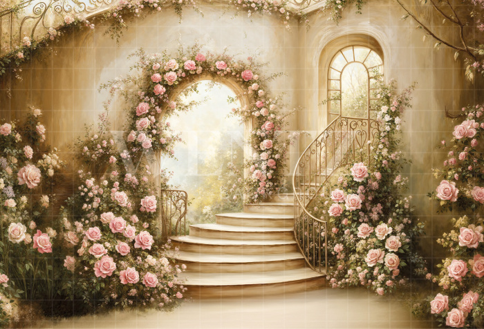 Fabric Photography Background Mother's Day Flowery Staircase / Backdrop 6864
