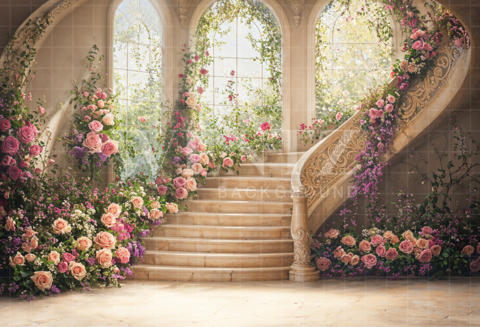 Fabric Photography Background Mother's Day Flowery Staircase / Backdrop 6889
