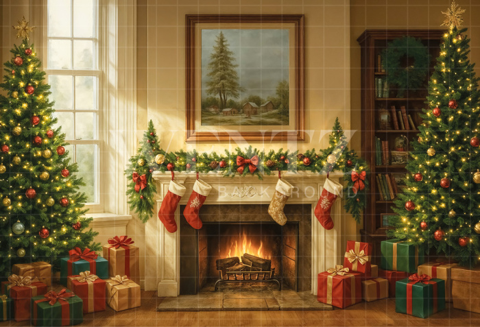 Fabric Photography Background Christmas Fireplace / Backdrop7413