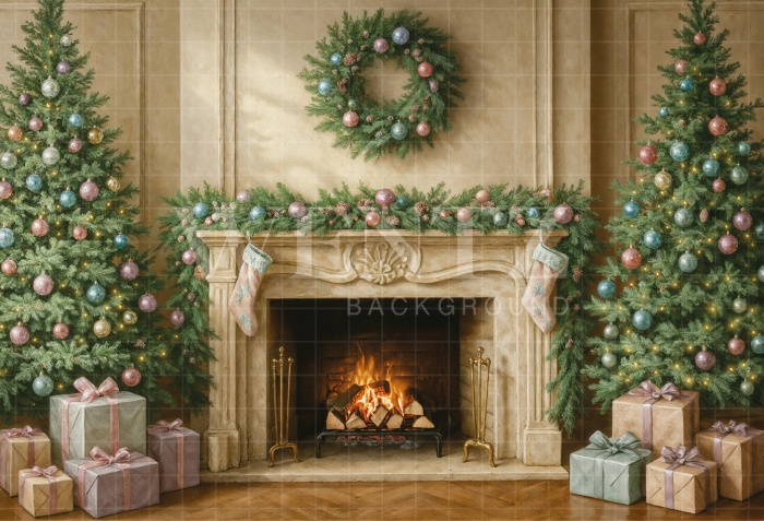 Fabric Photography Background Christmas Fireplace / Backdrop 7419
