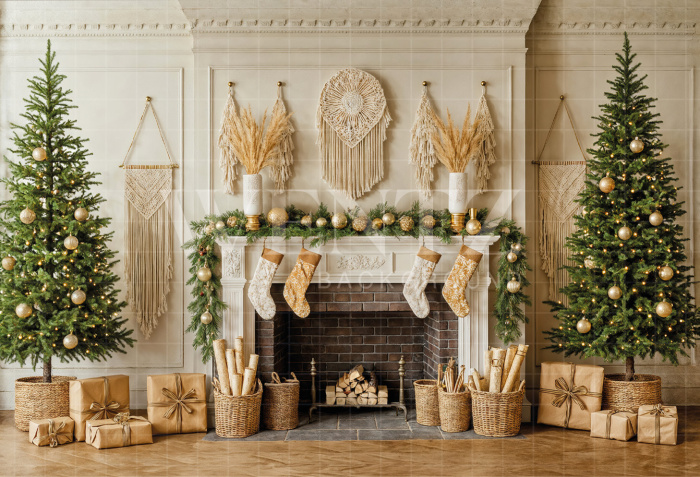 Fabric Photography Background Christmas Fireplace / Backdrop 7415