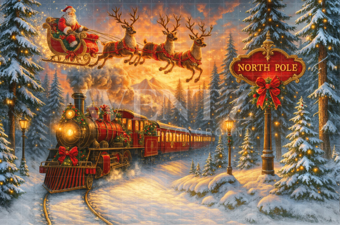 Fabric Photography Background Christmas Train / Backdrop 7421