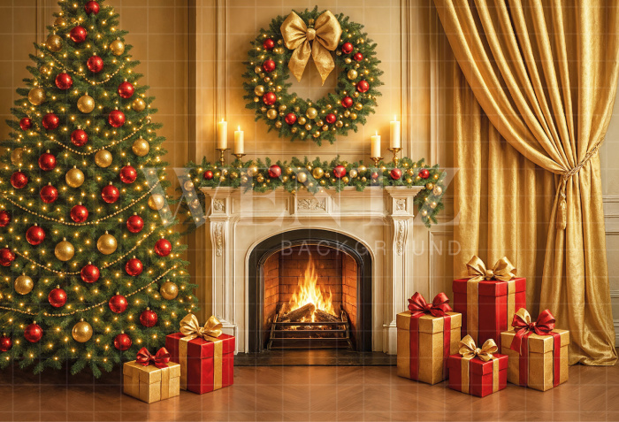Fabric Photography Background Christmas Fireplace / Backdrop 7467