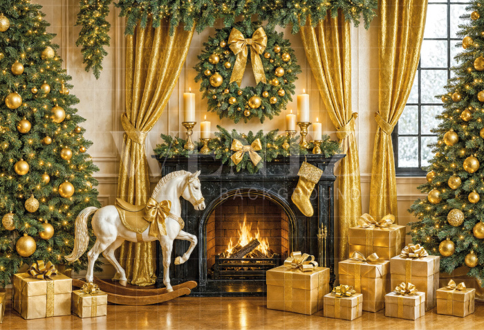 Fabric Photography Background Christmas Fireplace / Backdrop 7486