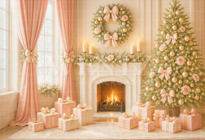 Fabric Photography Background Christmas Fireplace / Backdrop 7491