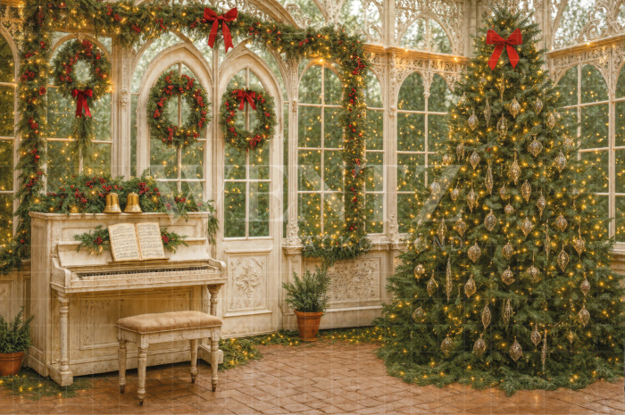 Fabric Photo Background Christmas Piano / Backdrop 7509