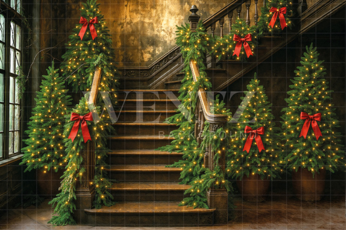 Fabric Photography Background Christmas Staircase / Backdrop  7511