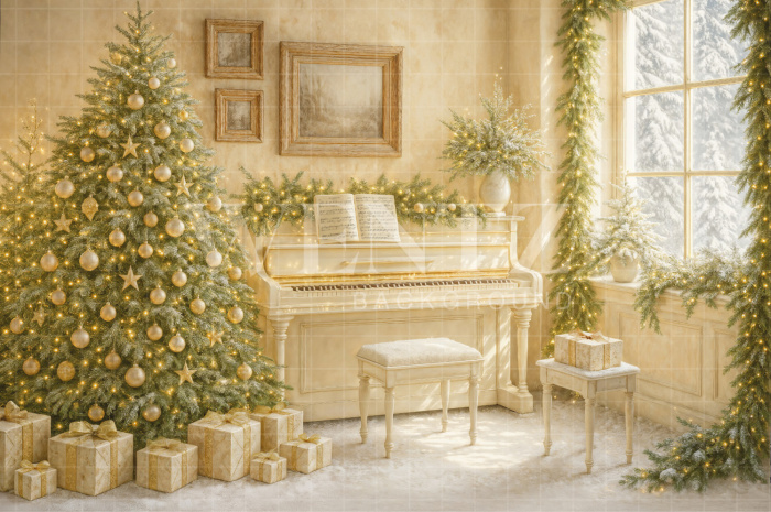 Fabric Photo Background Christmas Piano / Backdrop 7512