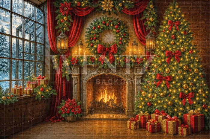 Fabric Photography Background Christmas Fireplace / Backdrop 7513