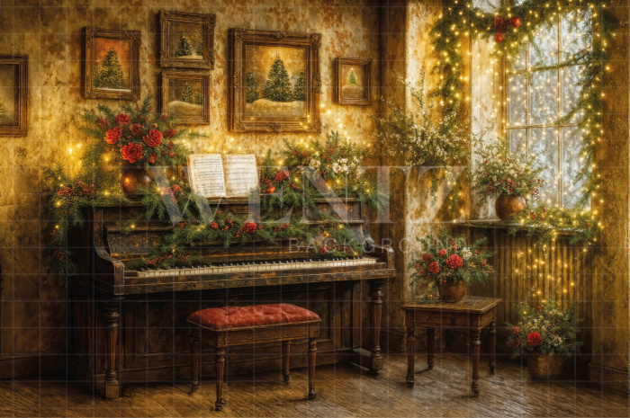 Fabric Photo Background Christmas Piano / Backdrop 7520