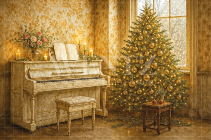Fabric Photo Background Christmas Piano / Backdrop 7522