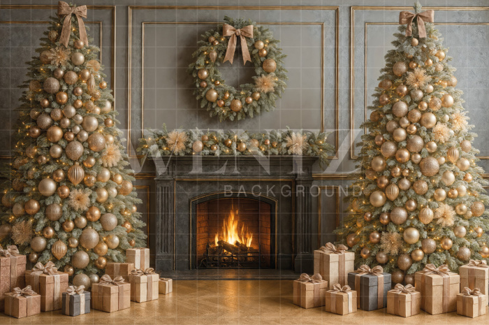 Fabric Photography Background Christmas Fireplace / Backdrop 7524