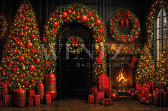 Fabric Photography Background Christmas Fireplace / Backdrop 7529