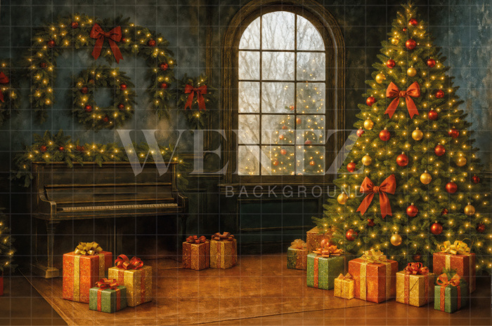 Fabric Photo Background Christmas Piano / Backdrop 7531