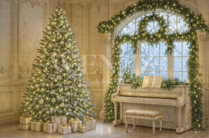 Fabric Photo Background Christmas Piano / Backdrop 7534