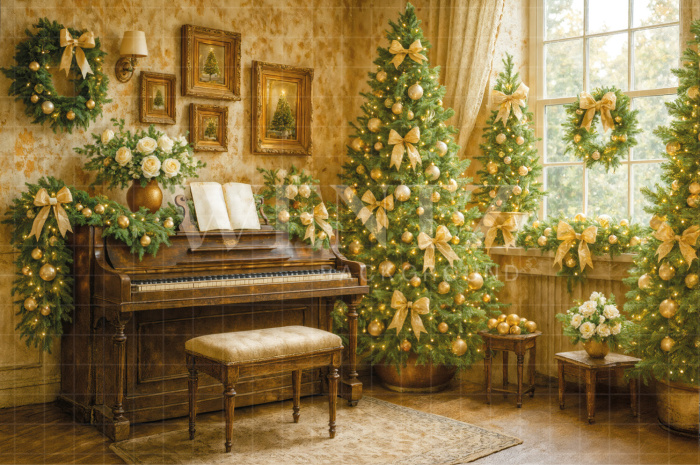 Fabric Photo Background Christmas Piano / Backdrop 7535