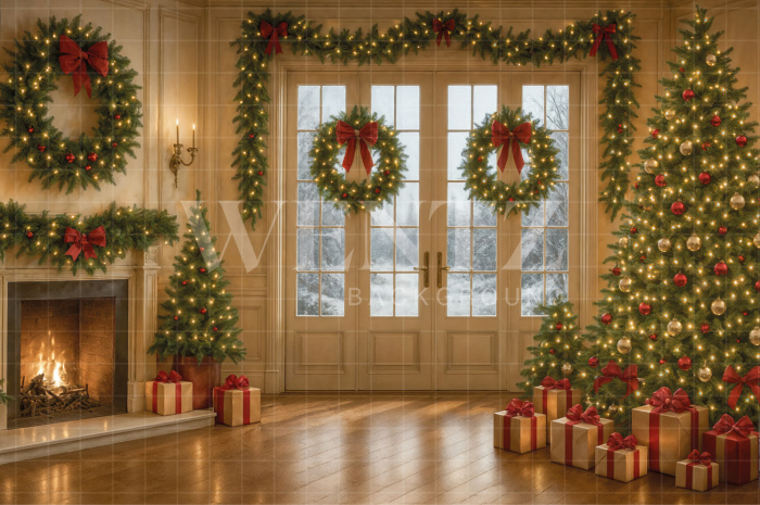 Fabric Photography Background Christmas Fireplace / Backdrop 7568