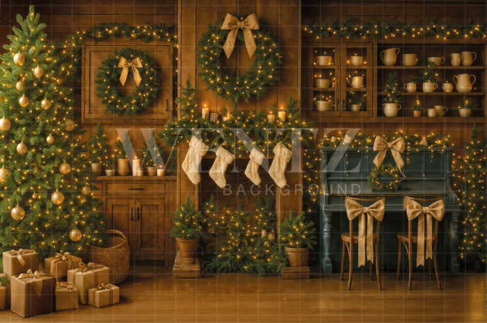 Fabric Photo Background Christmas Piano / Backdrop 7566