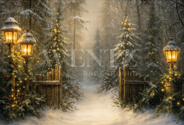 Fabric Photography Background Christmas Street with Pine Trees / Backdrop 7389