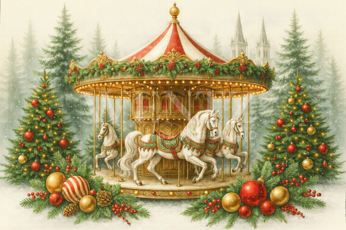 Fabric Photography Background Christmas Carousel / Backdrop 7583