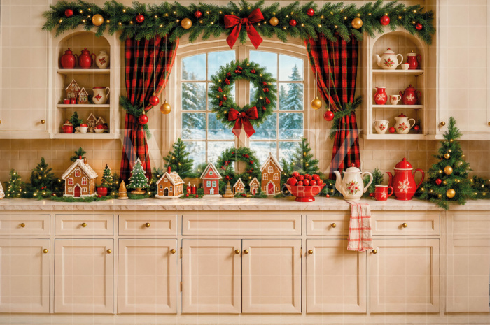 Fabric Photography Background Christmas Kitchen / Backdrop 7589