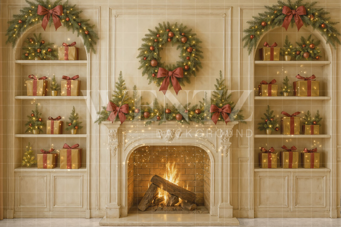 Fabric Photography Background Christmas Fireplace / Backdrop 7590