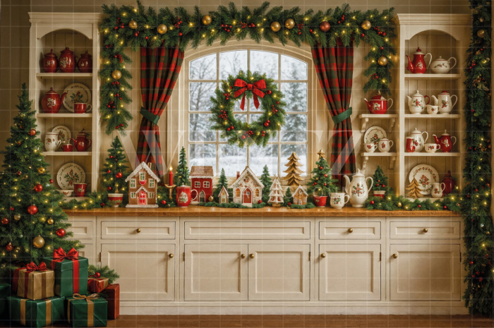 Fabric Photography Background Christmas Kitchen / Backdrop 7609