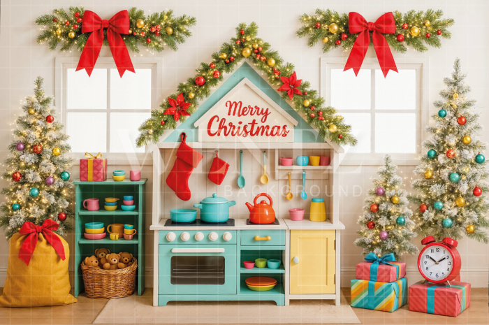 Fabric Photography Background Christmas Kitchen / Backdrop 7701