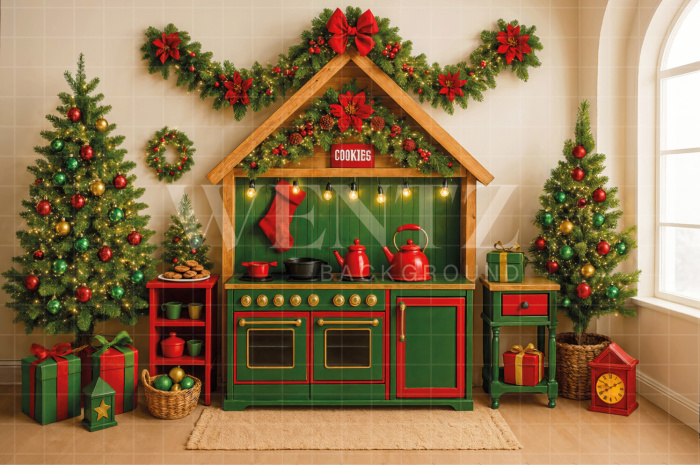 Fabric Photography Background Christmas Kitchen / Backdrop 7704