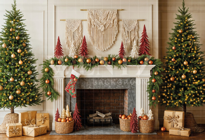 Fabric Photography Background Christmas Room with Fireplace / Backdrop 7397