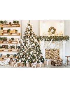 Photography Background in Fabric Christmas Fireplace and Pine / Backdrop 2114