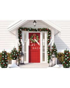Photographic Background in Fabric Facade Christmas House with Red Door / Backdrop 2315